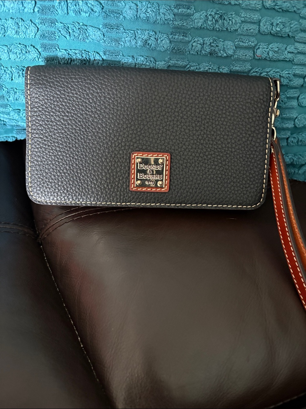 Dooney & Bourke Black Pebbled Leather Wristlet with Brown Strap